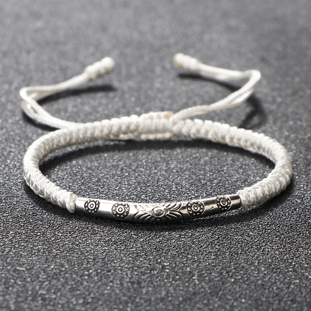 Handmade Woven Lucky Rope Chain Bangle Bohemia Long Tube Carved Flower Pendant Bracelet Jewelry Gift black