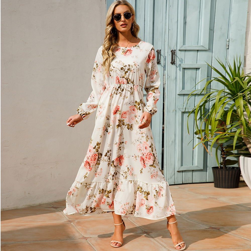 Women Maxi Dresses Bohemian Casual, Full Sleeve High Waist Beach Woman Chiffon Floral Long Dress 4 m