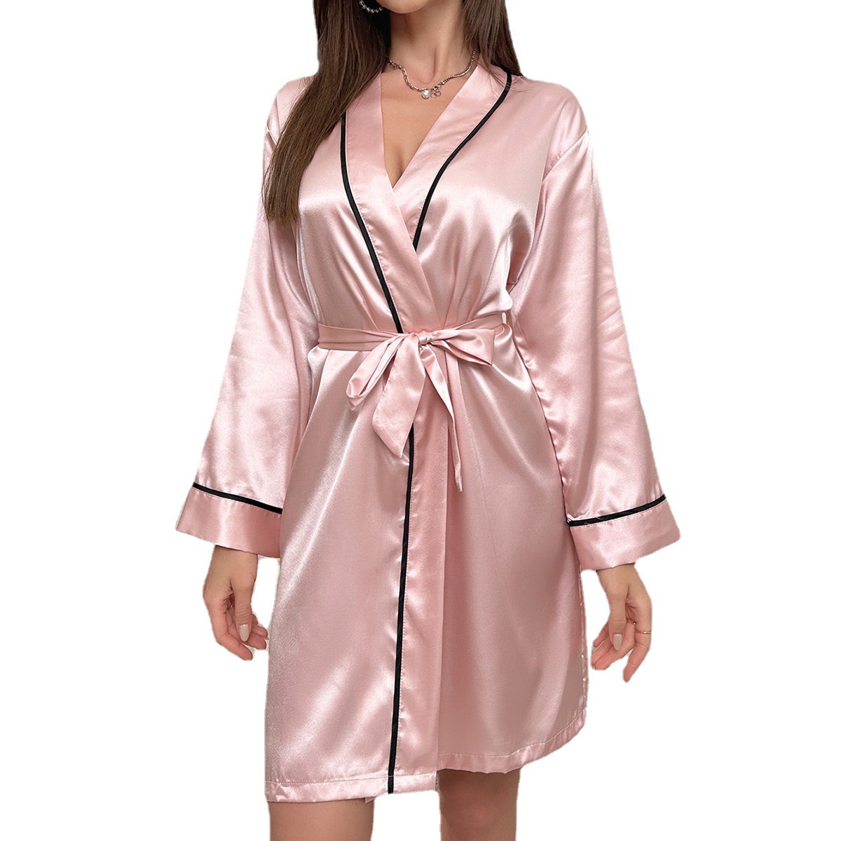 Womens Sexy Satin Robe Long Sleeve Kimono Belted V Neck Sleepwear Bridal Loungewear Short Dressing Gown red l