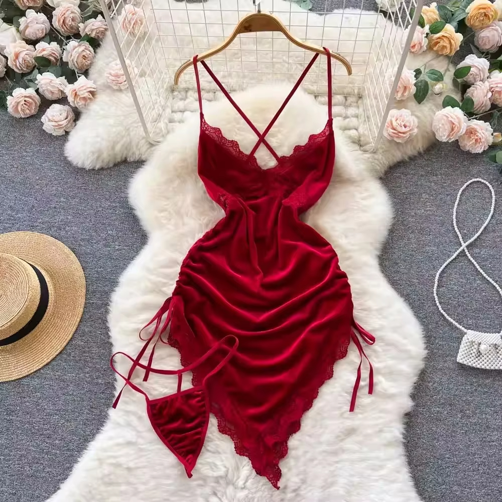 Red Ruched Mini Dress Women Sleeveless Backless Drawstring Spaghetti Strap Bodycon Party Club Dress With Thong s wine Red