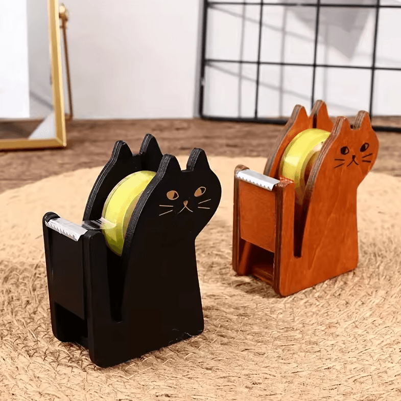 Cute Cat Shaped Tape Dispenser Wooden & Transparent Plastic Tape Holder For Desk dark Khaki