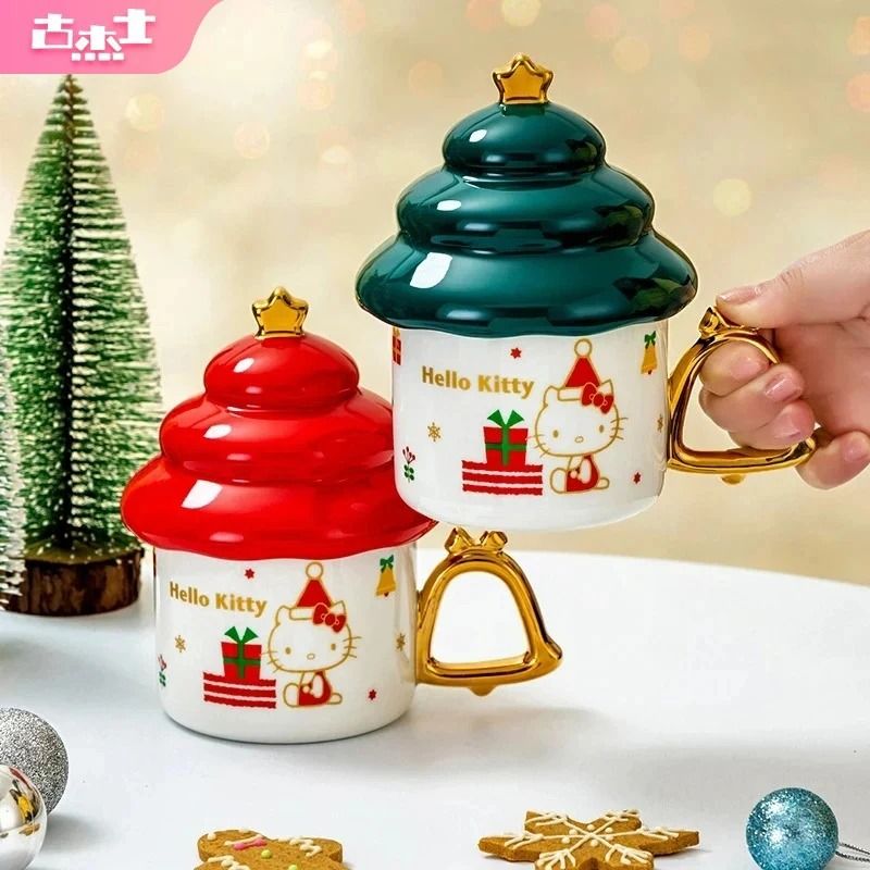 Sanrio Creative Christmas Tree Shape Hello Kitty Ceramic Mug 340ml Household Milk & Coffee Cup red