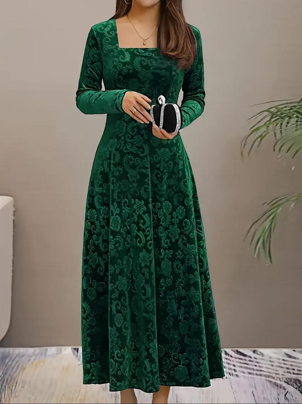 Elegant Plus Size Women's Bohemian Long Sleeve Dress In Fleece Fabric green 3xl