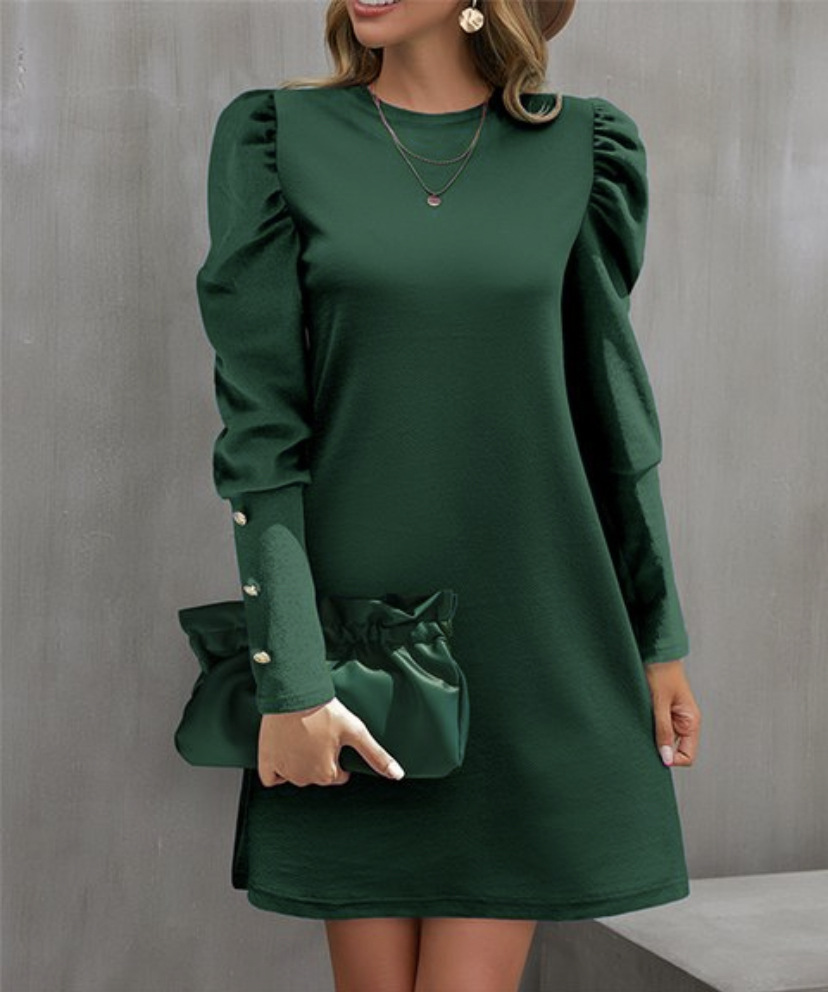 Spring And Autumn Round Neck Bubble Sleeve Dress, Button Decorative Long Sleeve Dress For Women Elegant Daily Wear red l
