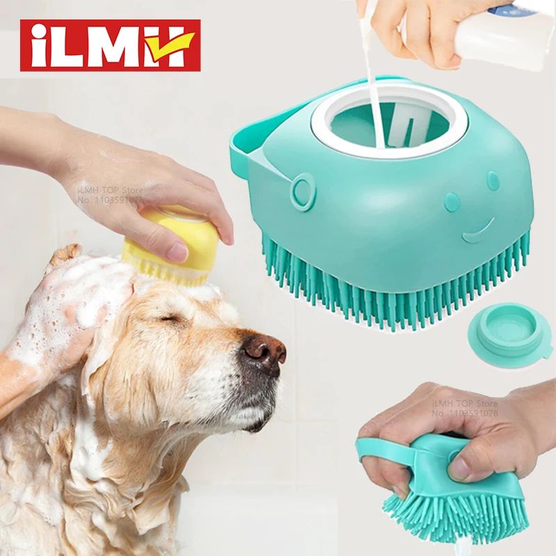 Silicone Dog Bathing Brush With Shampoo Dispenser Soft Pet Massage Grooming Tool 2x Blue
