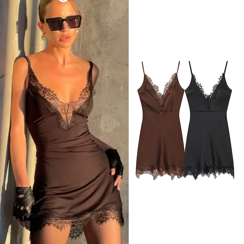 Women Lace Trim Cami Dress, Sleeveless Deep V Neck, Sexy Fashionable Chic Outfit For Stylish Women brown s