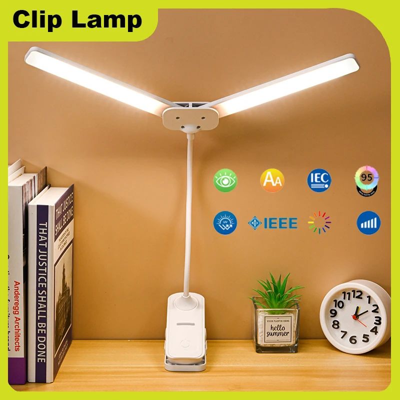 Dual Head USB C Rechargeable LED Desk Lamp, Foldable Eye Care Dimmable Reading Light For Bedroom Dorm Study 2 Pcs