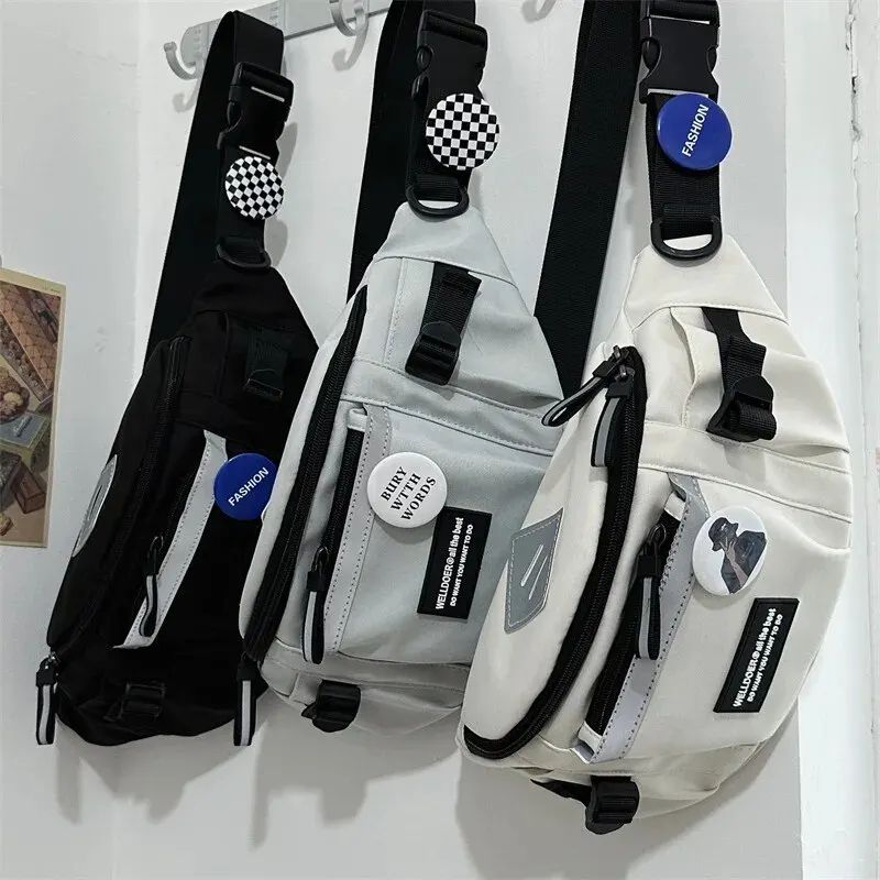 Harajuku Reflective Chest Bag Unisex Streetwear Sling & Waist Bag white
