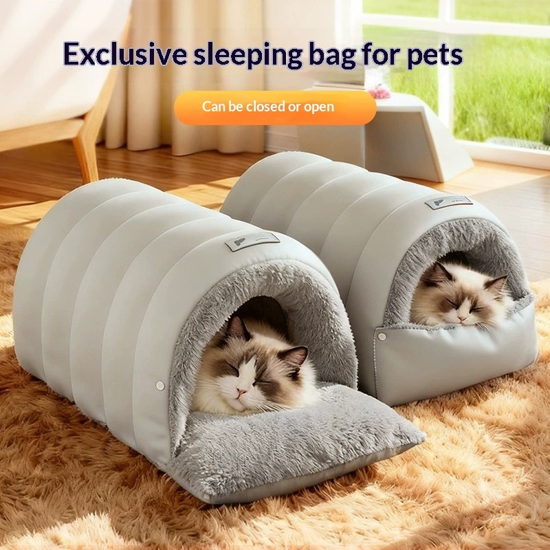 Winter Warm Semi Enclosed Cat Bed, Washable Cat Cave House With Waterproof Non Slip Base gray l