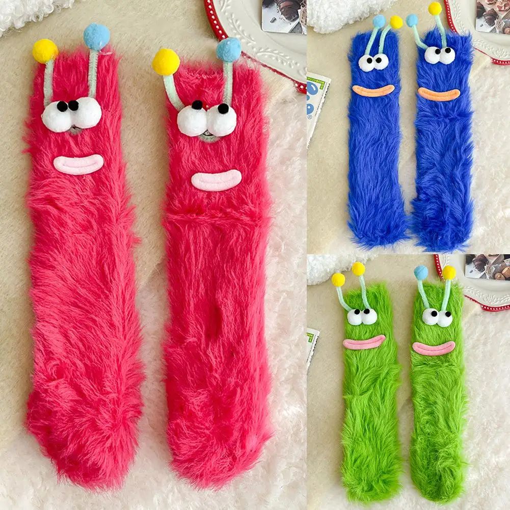 Funny Monster Fuzzy Socks Thick Coral Fleece Warm Floor Socks With Big Eyes, Cute Cozy Winter Gift & Christmas Stocking blue