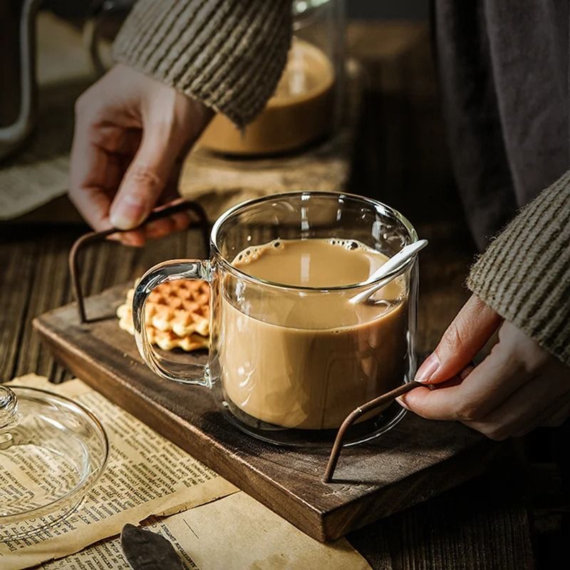 Retro Soviet Double Walled Glass Coffee Mug With Handle 500ml