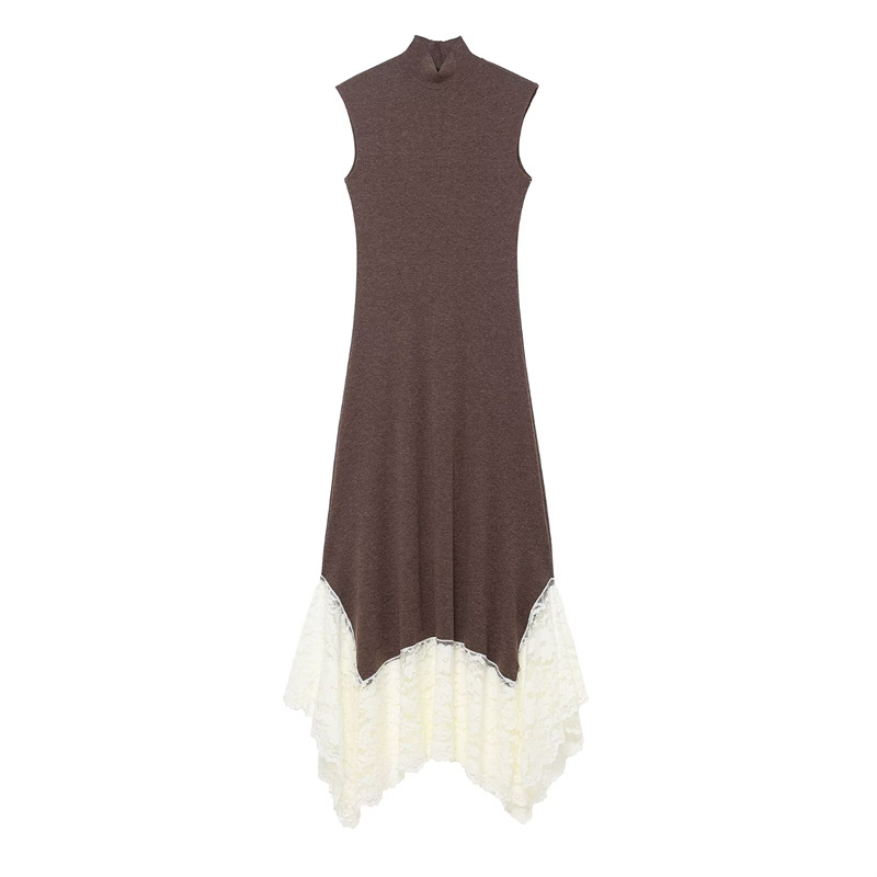 Autumn Casual Lace Blend Spliced Layered Long Dress, Fashion Party Midi Dress brown m