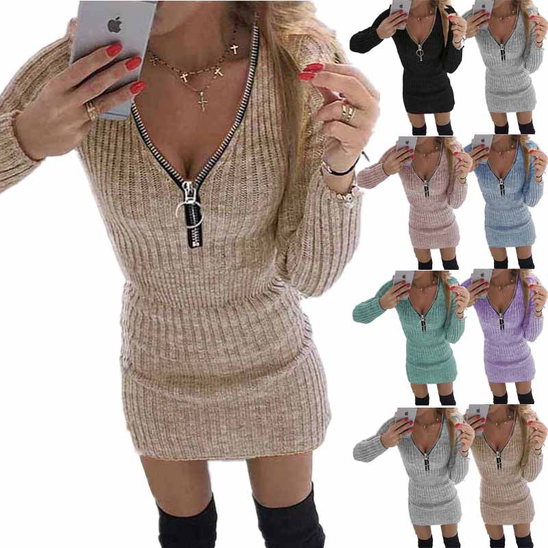 Casual Dresses Long Sleeve Knitting Fashionable Vestidos For Women khaki m
