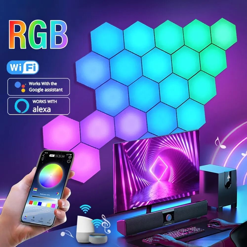Intelligent Hexagonal RGB Wall Lamp DIY Music Rhythm Ambient Night Light 3pcs wifi Version