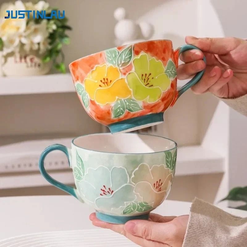 JUSTINLAU Relief Flower Ceramic Mug Hand Drawn Art Breakfast Milk & Oat Cup green