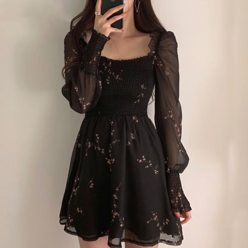 Women Sexy Black Chiffon Dress, Spring Vintage Flower Dress, Long Puff Sleeve Dresses, Korean Casual Mini Vestidos black l