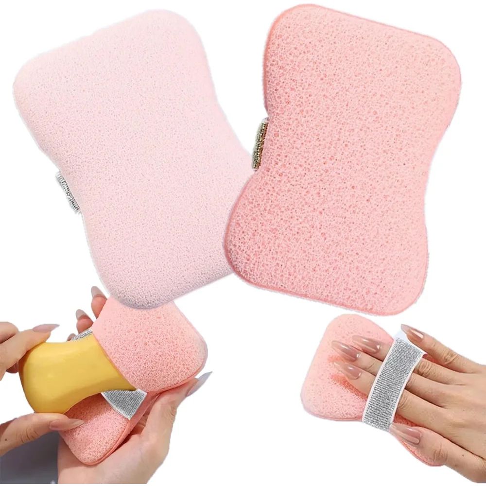 Exfoliating Bath Sponge Body Scrubber With Soap Saver Bag And Wrist Strap light Pink