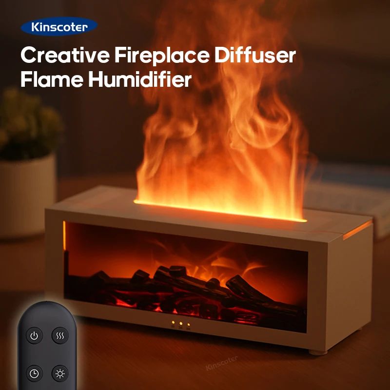 Creative Fireplace Style Air Humidifier And Aroma Diffuser With LED Light And Remote Control white