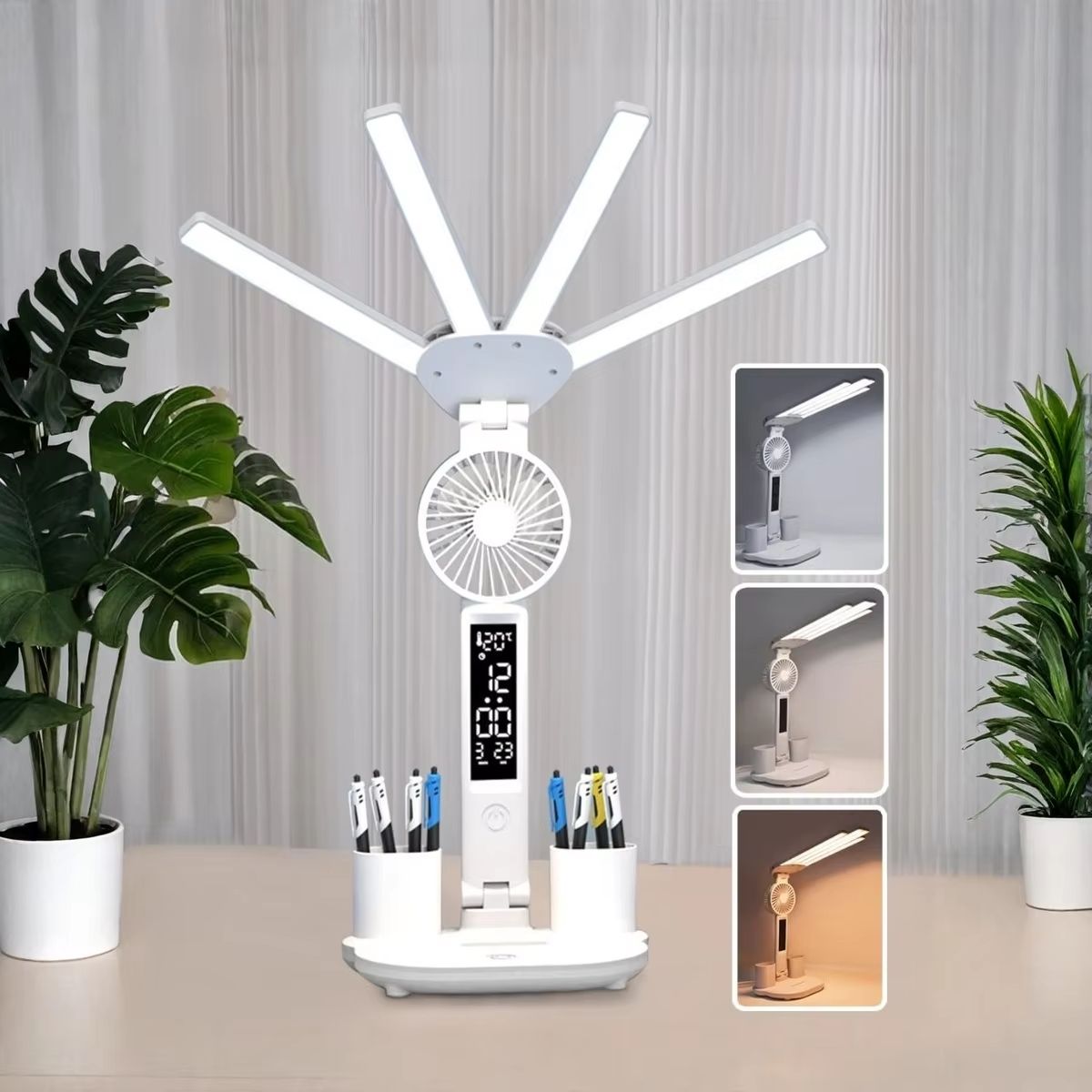 Multifunction USB Charging 3 Color LED Desk Lamp With Fan And Clock clock Plug In