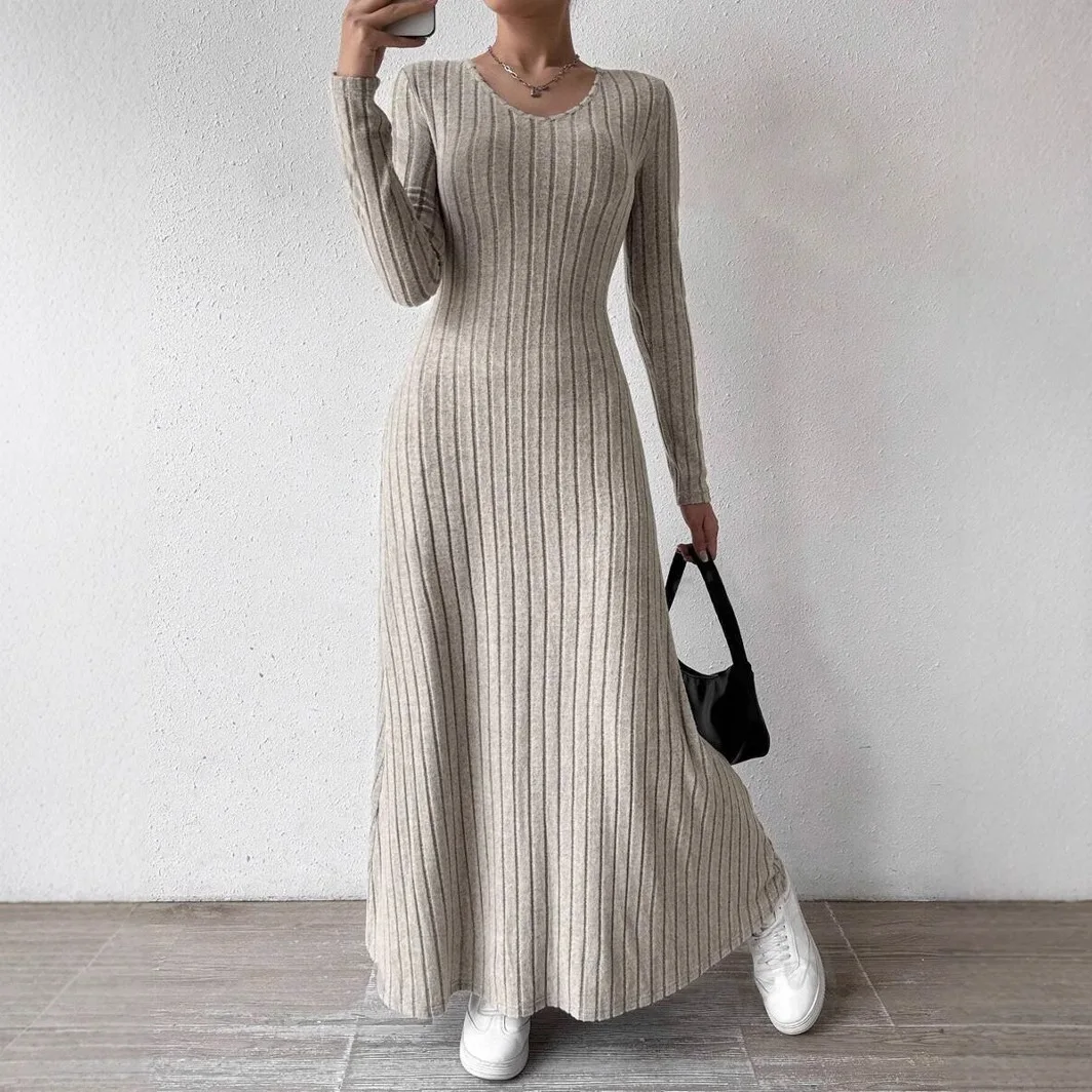 Solid Color Long Dress, Fashionable Knitted Long Sleeve A Line Streetwear Dress For Women, Slimming Fit Dress xl black
