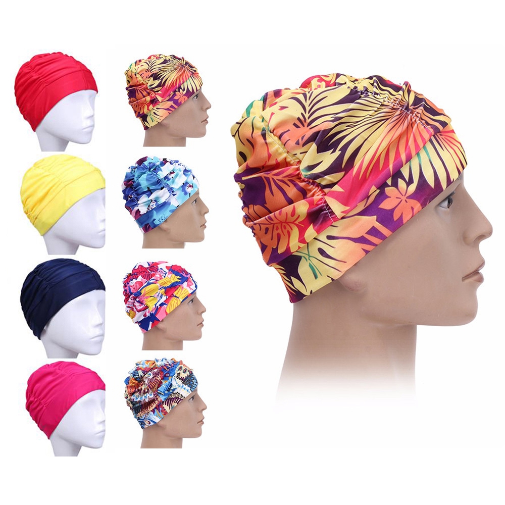 Elastic Nylon Turban, Flowers Printed Swimming Cap, Long Hair Sports Swim Pool Bathing Hat For Men & Women red