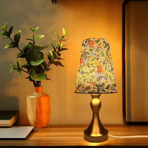 Table Lamp With Golden Base And Floral Fabric Shade USB Powered 3 Tone Dimmable Ambient Light b white