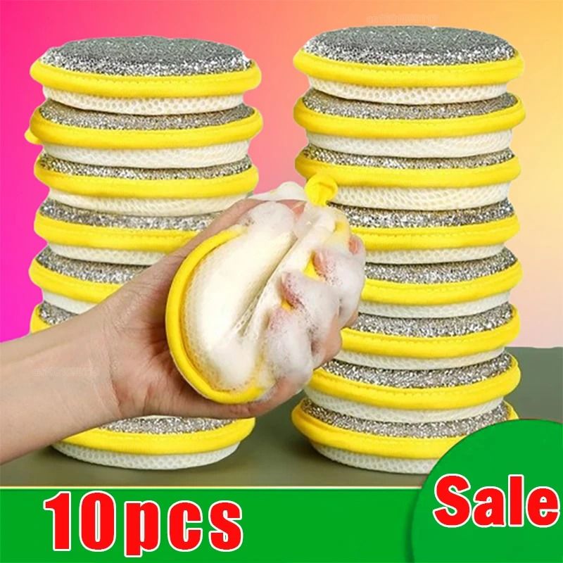 Double Sided Dishwashing Sponge And Kitchen Scrubbing Brush Set 10 Pcs Yellow
