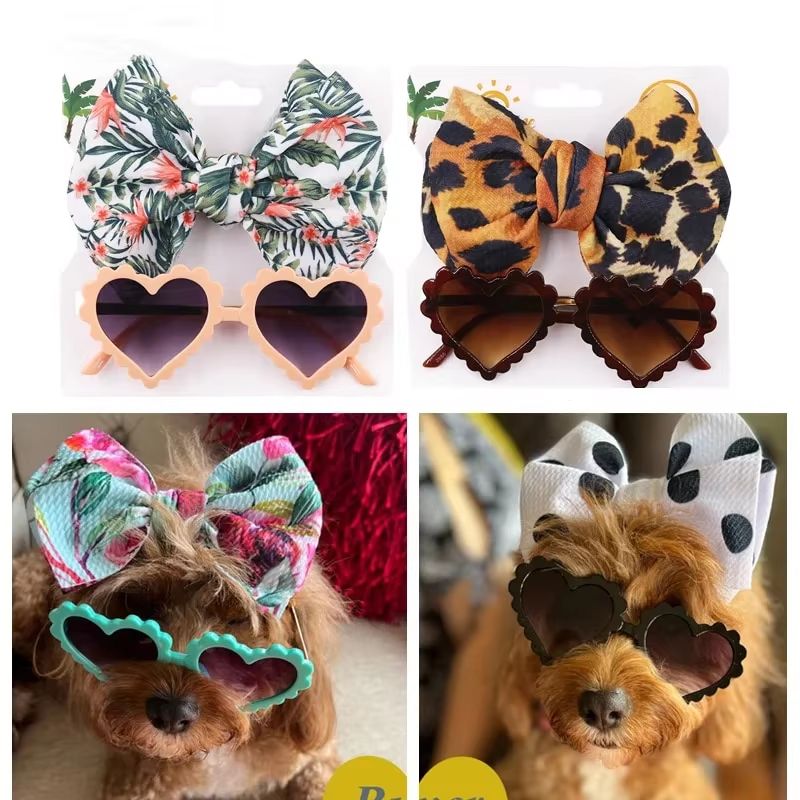 Heart Shaped Dog Sunglasses And Pet Grooming Bows 2PCS Set Cute Hair Bands For Photos And Dress Up white Polka Dot Bow