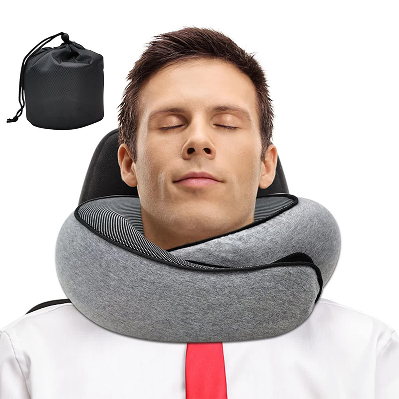 Memory Foam Travel Neck Pillow, U shaped Snail Style Neck Support, Adjustable Portable Soft Noon Break Sleep Pillows light Gray