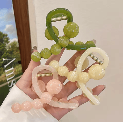 Womens Hair Claw Clip With Round Beads Korean Style High Ponytail Clamp Barrette 3