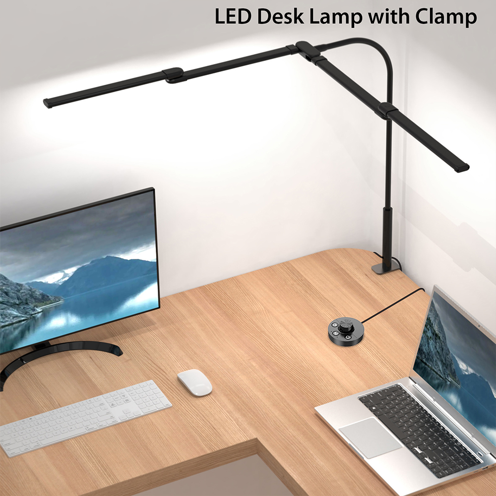LED Desk Lamp With Clamp, Architect Desk Lamp For Home Office, Ultra Bright, Auto Dimming PC Light, Stepless Dimming 2 head