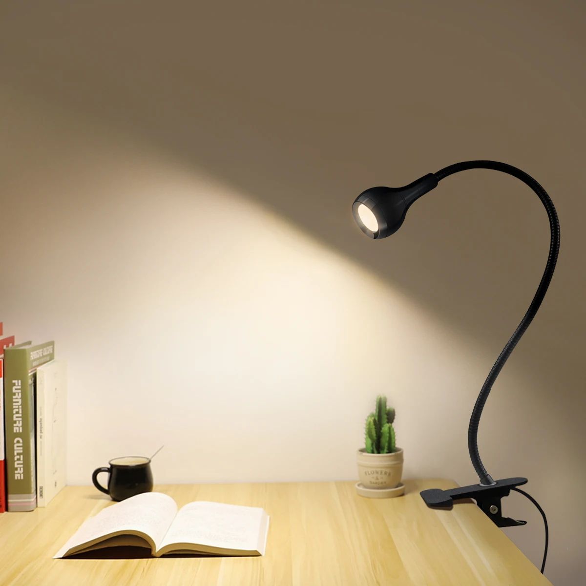 Flexible USB Clip On Table Lamp With Phone Holder, LED Reading Book Light For Study Desk Bedside Bedroom Night Decor black Shell