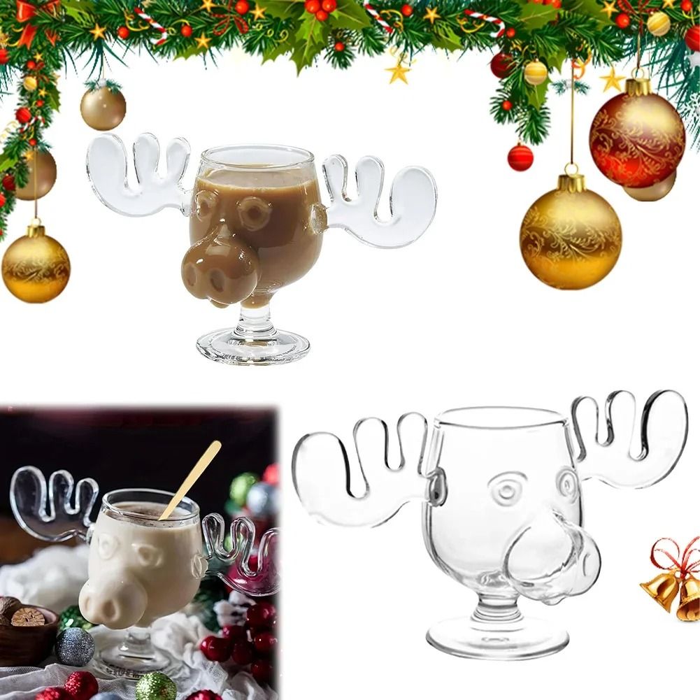 Christmas Moose Mug Reindeer Head Glass Cup 240ml Holiday Drinkware mug 4 Pcs