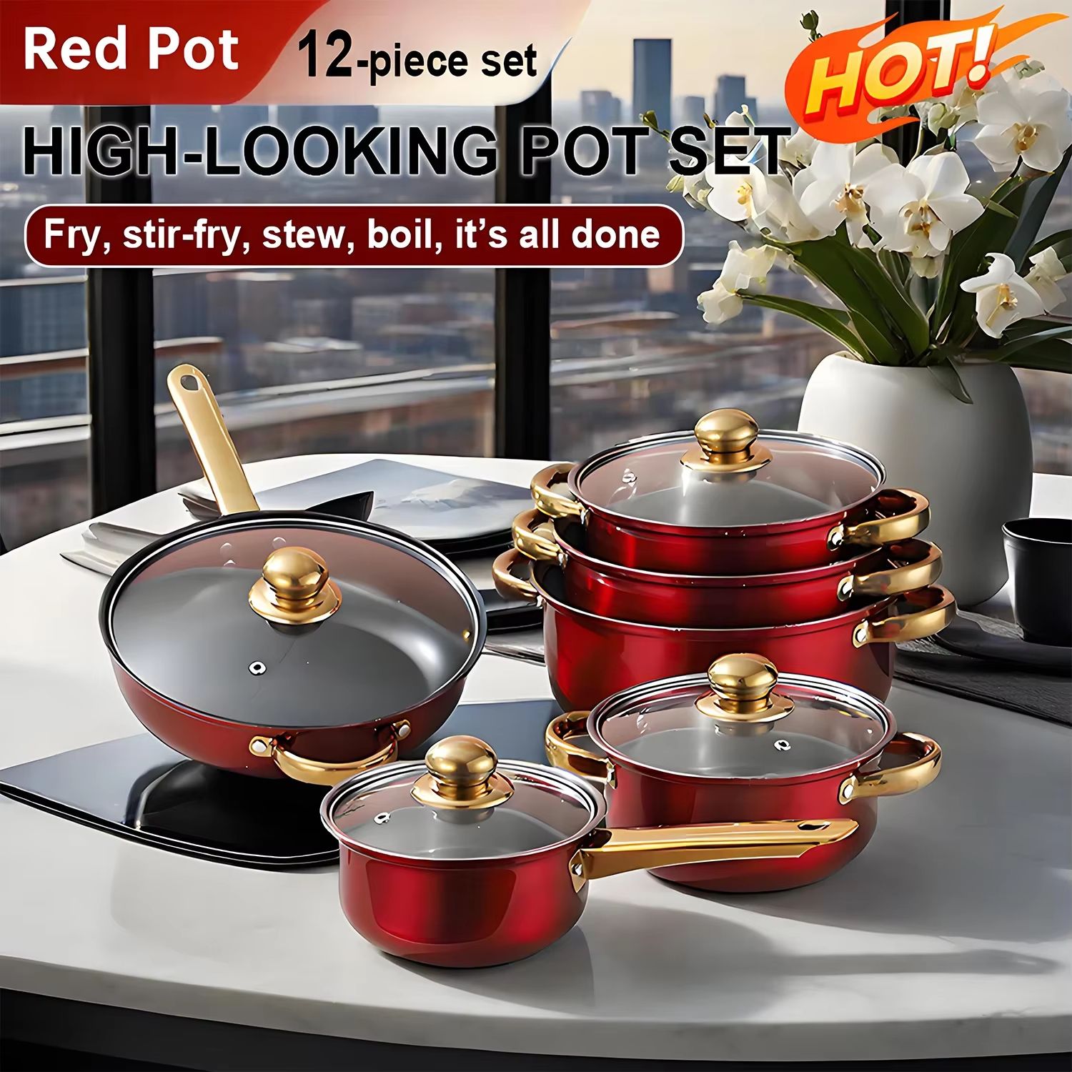 Red Stainless Steel Cookware Set 12 Piece Nonstick Pots And Pans Kitchen Cookware Collection Red Stainless Steel Cookware Set 12 Piece Nonstick Pots And Pans Kitchen Cookware Collection