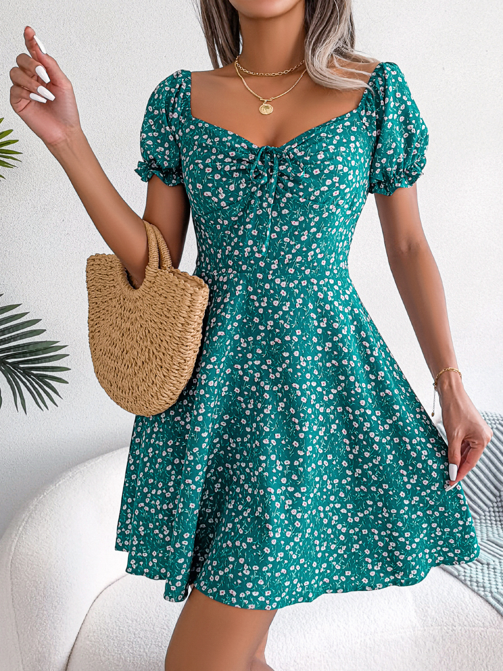 Women Casual Square Neck Flare Short Sleeve Floral Dress, Elegant A Line Spring Summer Dress For Fashionable Women light Blue l