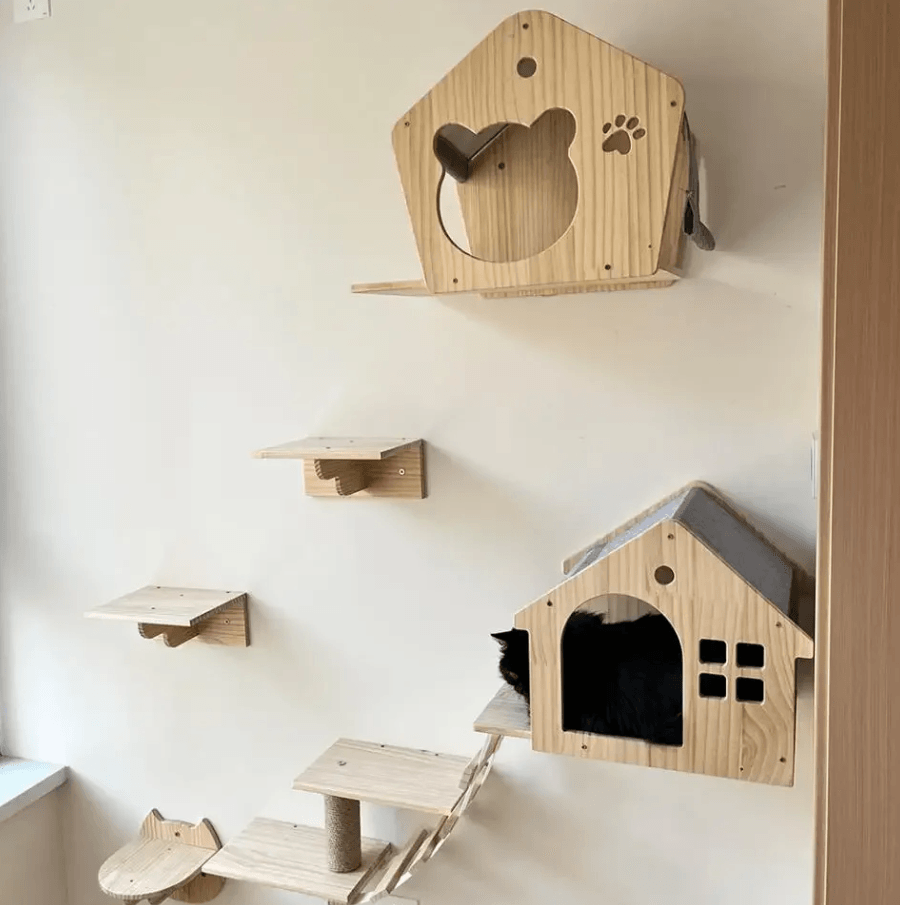 Wall Mounted Wooden Cat Climbing Shelves With Sisal Scratching Post Hammock And Pedals cat Face Platform