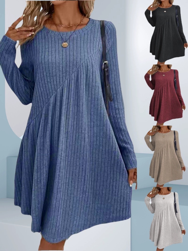 Irregular Brushed Ribbed Knit Dress, Autumn Winter Bohemian Solid Color Dress For Women a xxl