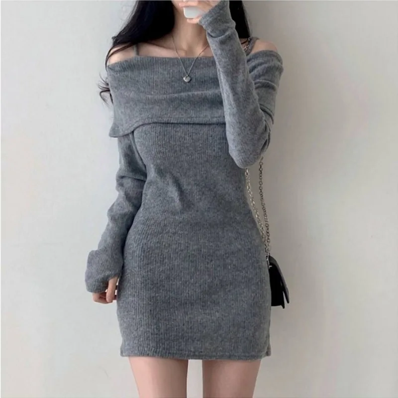 Chic Korean Knitted Mini Dress With Full Sleeve One Word Collar, Slim Fit Ribbed l gray