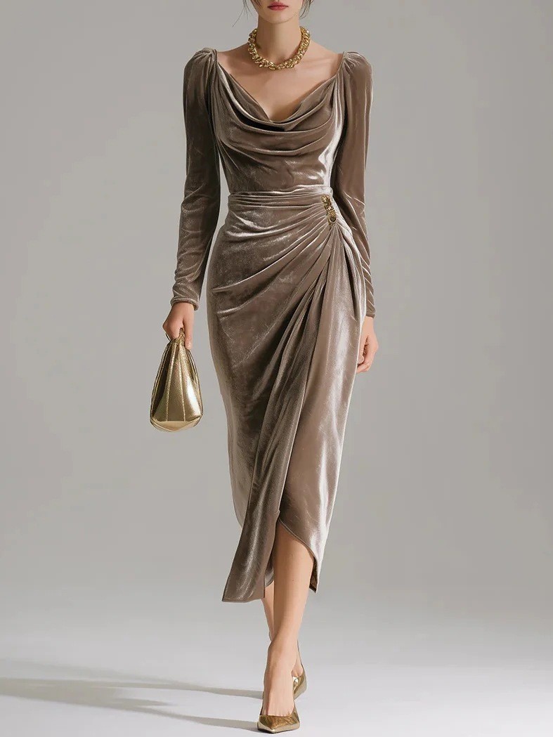 Casual Gold Velvet Sexy Bodycon Dress, European And American Womens Long Sleeve Slim Pleated Split Style green xxl