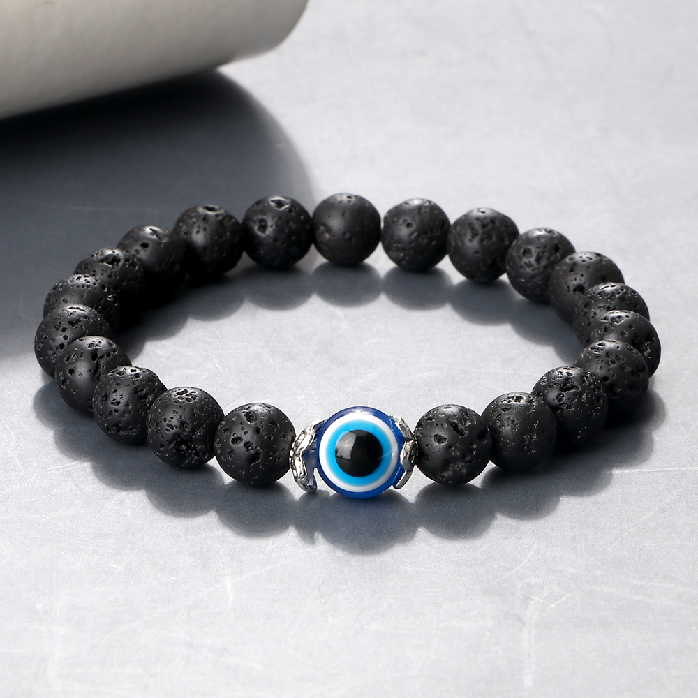 Tiger Eye Beaded Bracelet With Natural White Porcelain Flower Spacer Evil Eye Distance Couple Elastic Rope Chain Jewelry black Matte