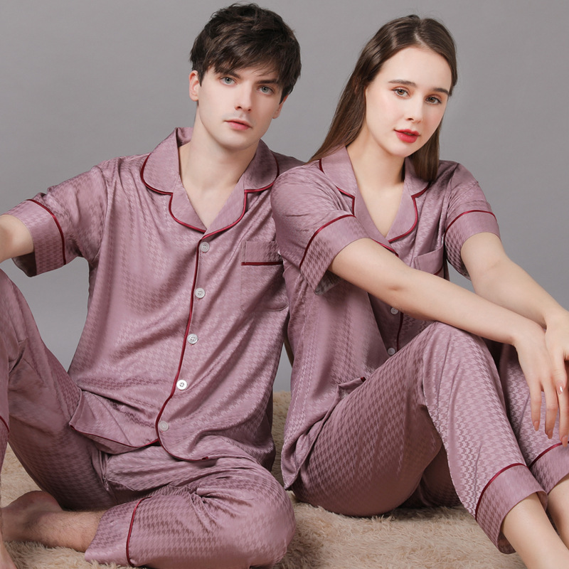 Summer Short Sleeve Couple Pajamas Suit Men Ice Silk Satin Long Pant Sleepwear High Quality Couples Set blue men 3xl 90 100kg