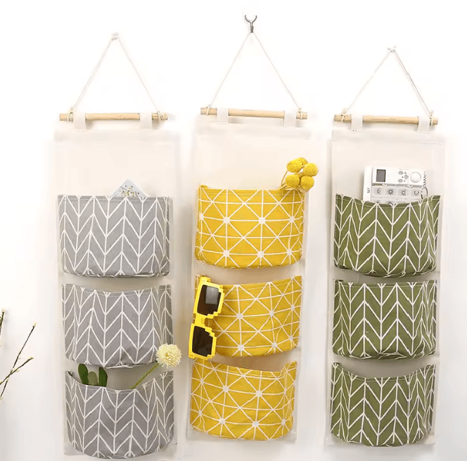 Three Pocket Hanging Wall Storage Organizer Cotton Linen Bag 2pcs Random