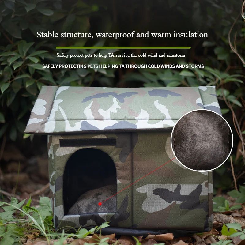 Outdoor Camouflage Cat House Warm Oxford Fabric Pet Shelter, Four Season Closed Cat Nest For Cold Weather m Camouflage Colour