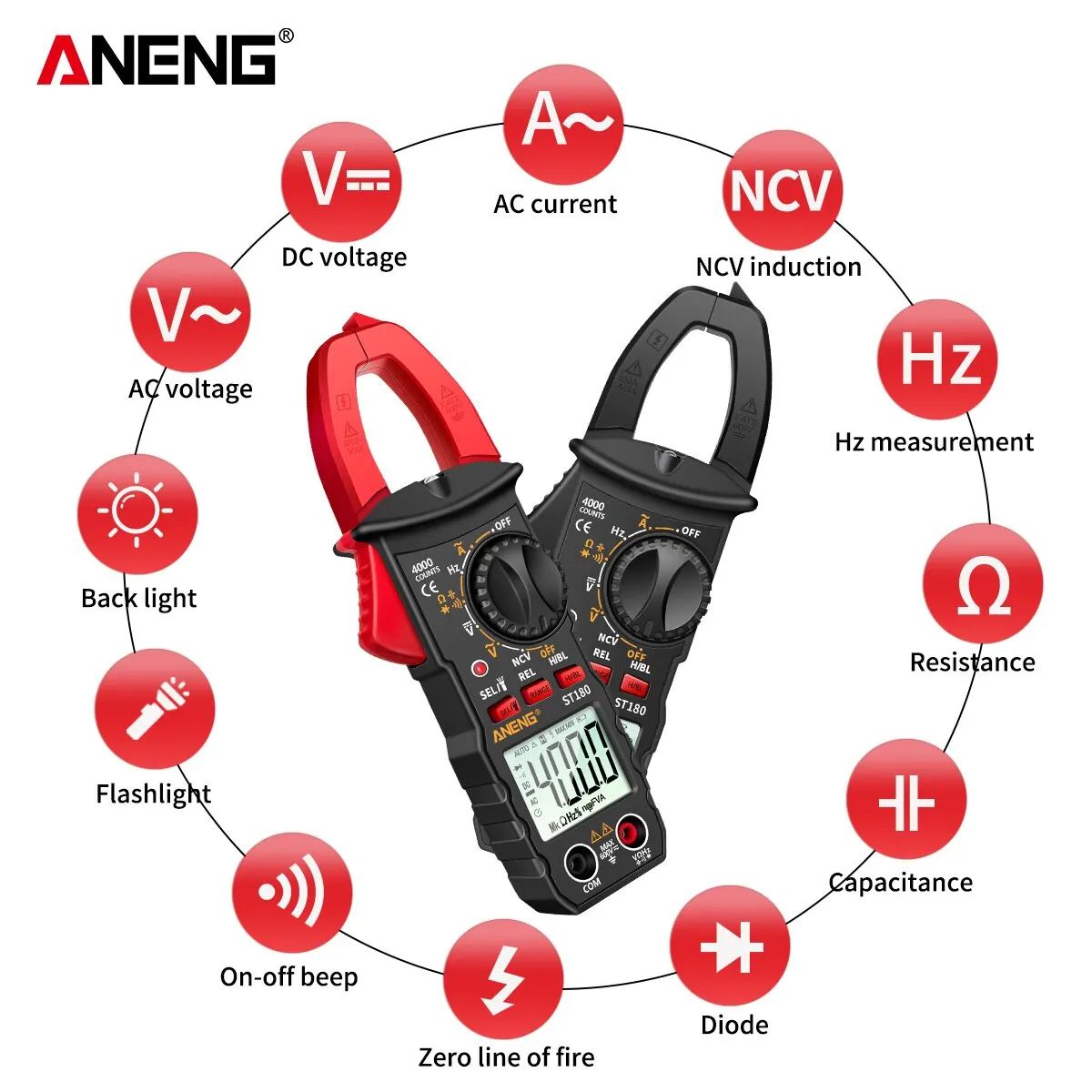 ANENG ST180 Digital Clamp Meter AC Current Clamp Multimeter With NCV & Voltage Testing red