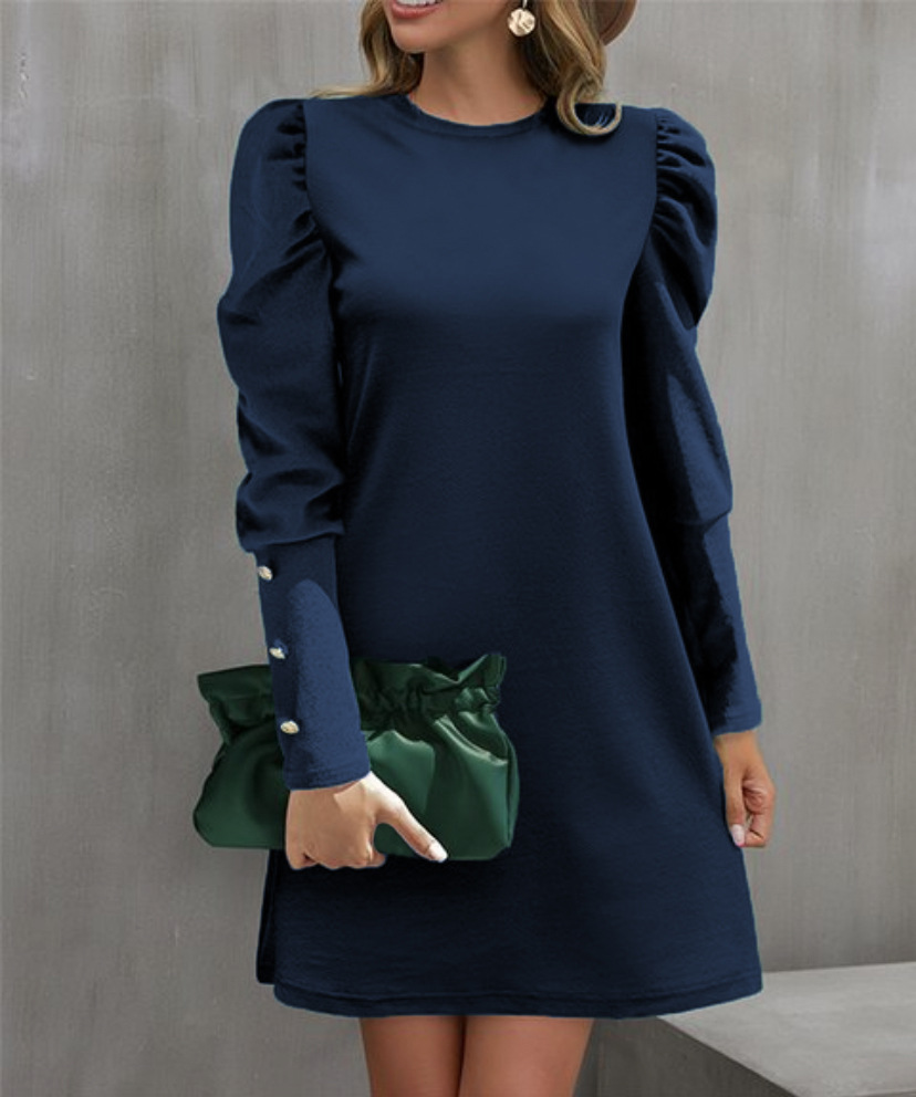 Solid Color Round Collar Bubble Sleeve Button Long Sleeved Dress, Women's Autumn And Winter New Fashion Outfit green l