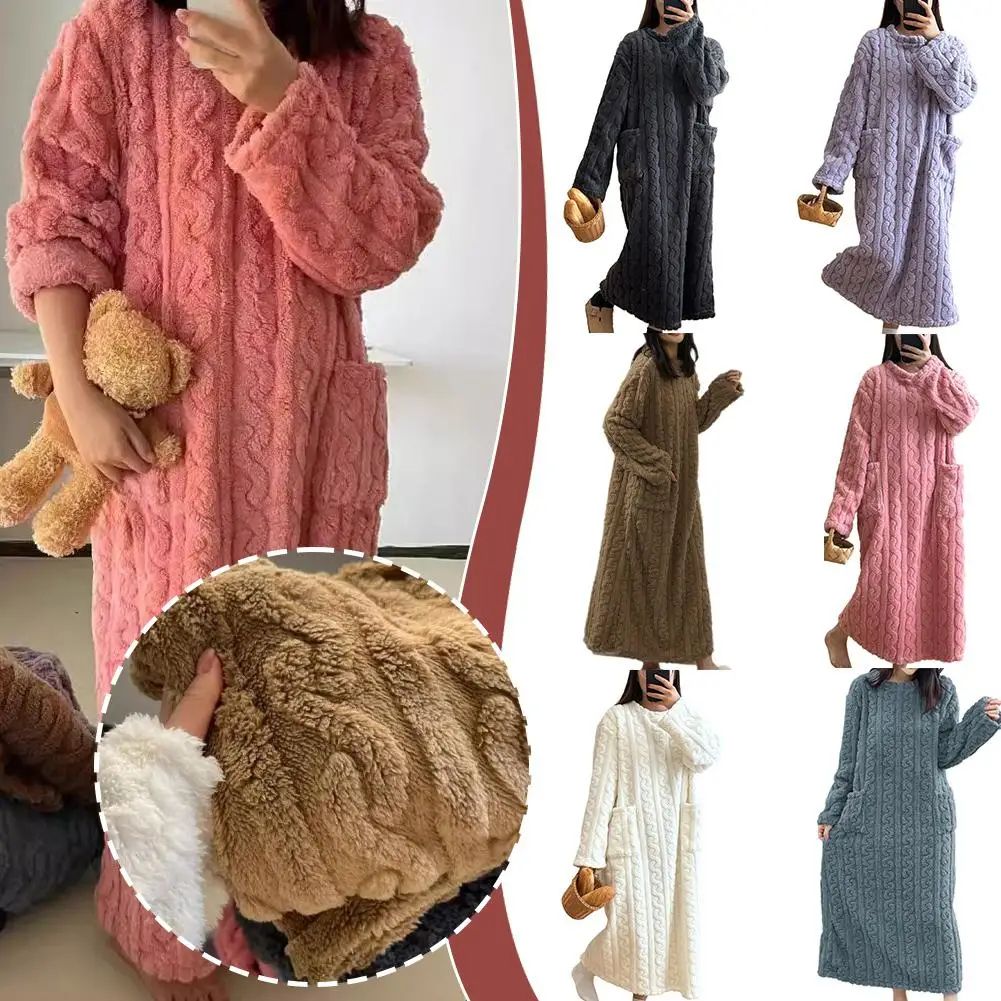 Womens Thick Flannel Coral Velvet Long Pajamas Robe Ultra Soft Warm Autumn Winter Nightwear, Cozy Homewear Lounging d