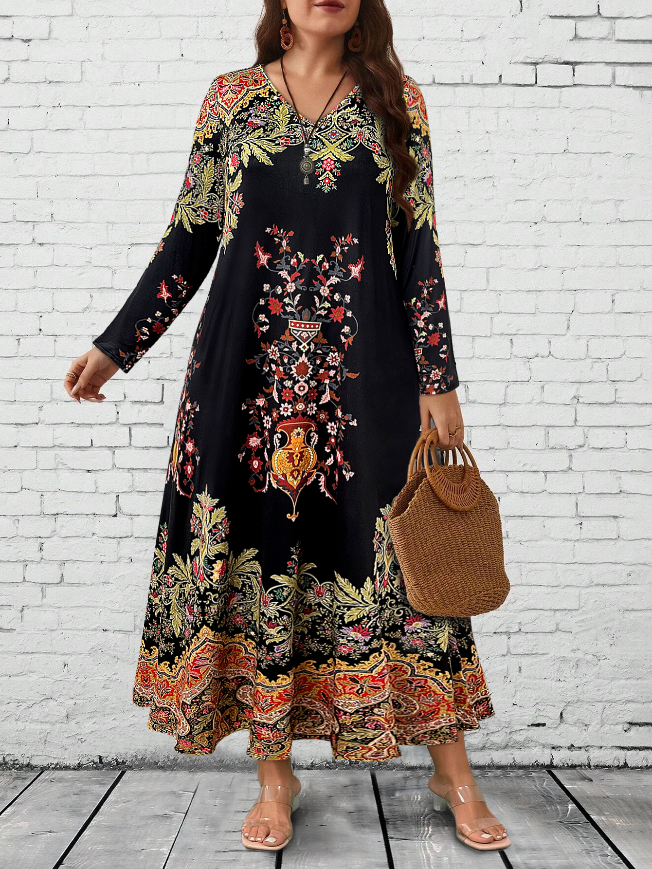 Floral Maxi Dress Women, Long Sleeve V Neck, Ethnic Print, Relaxed Casual And Festival Wear black 2xl