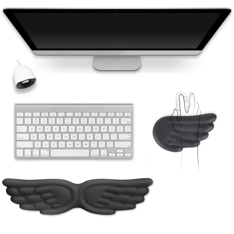 Angel Wings Ergonomic Wrist Rest Set Memory Foam Non Slip Keyboard & Mouse Pad For Office And Gaming gray Short