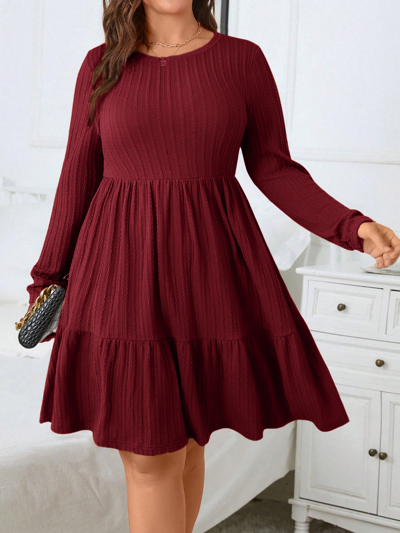 Autumn And Winter Plus Size Women's Dress, Long Sleeve Round Neck Solid Color With Ruffle Hem And Pockets black 4xl