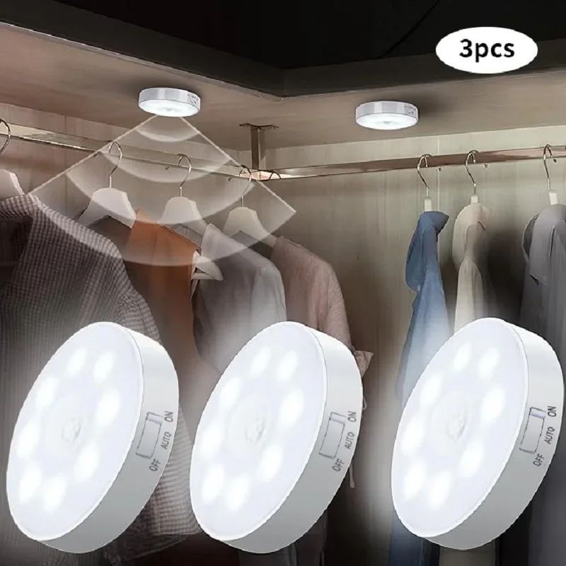Motion Sensor LED Night Light USB Rechargeable Wireless Closet & Cabinet Light For Kitchen, Stairs, Wardrobe & Hallway white Lamp 3 Pcs